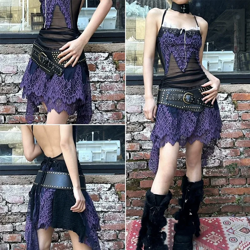 Y2K Rivet Ring Belt Vintage Punk Style Crop Belts Women Fashion Hollow Out Decorative Concave-shaped Belt Streetwear