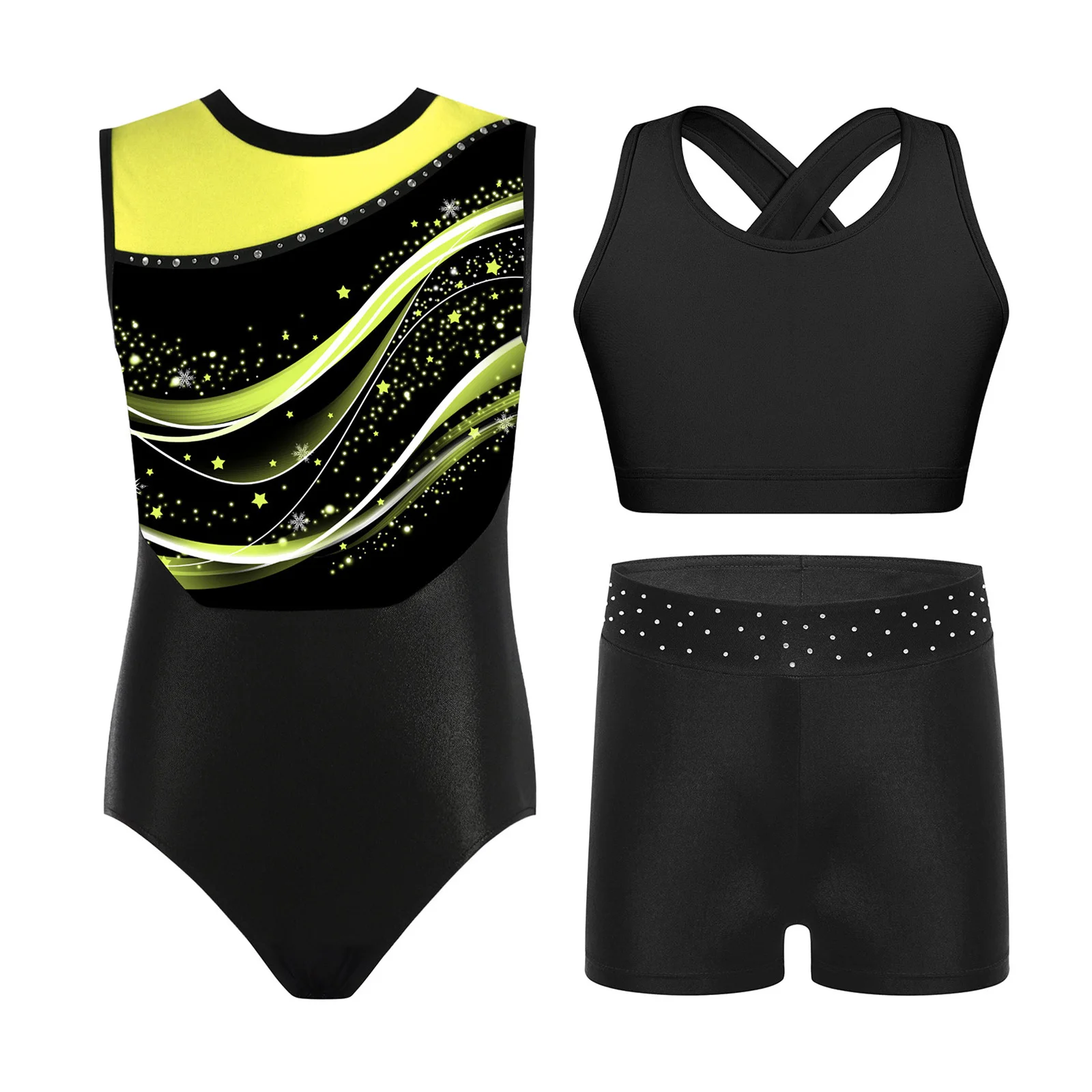 

3Pcs/Set Kids Girls Gymnastics Bodysuit Fashion Color Block Print Leotard with Shorts and Hair Band Figure Ice Skating Dancewear