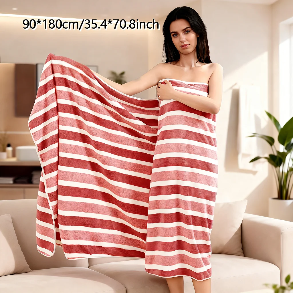 90*180cm Extra Large Soft Coral Fleece Bath Towel Striped Design High Absorbency Multi-Use for Home Beach