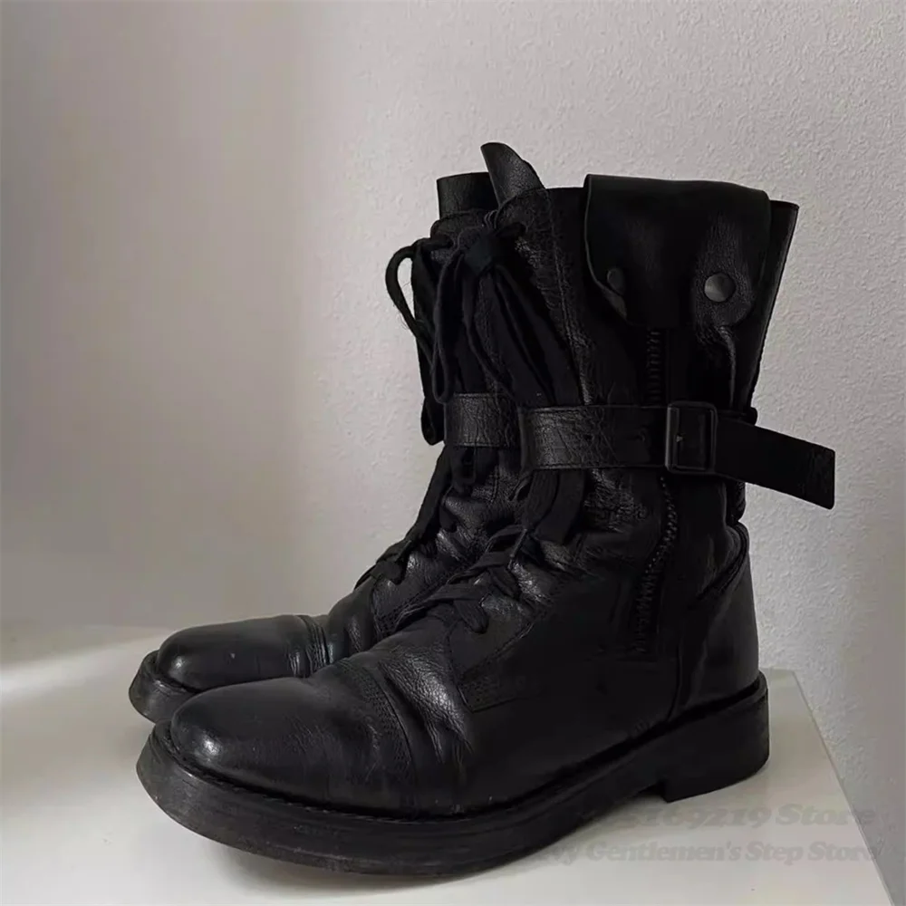 Retro Round Toe Black Leather Workwear Boots Men Rivets Belt Buckles Side Zipper Straps Punk Style Motorcycle Riding Boots