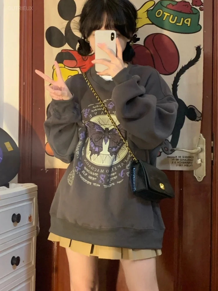 Spring Bufferfly Print Vintage Women Men Hoody Loose Oversized Grunge Fashion O Neck Sweatshirts All Match Harajuku Casual Tops