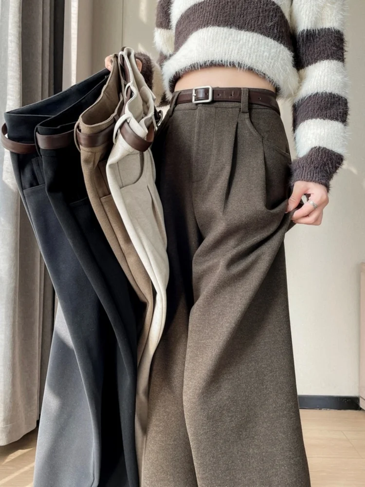 High Waist Drapey Loose Fleece Women's Casual Suit Pants Coffee Color Premium Feel Autumn Winter New Style Straight Leg Trousers