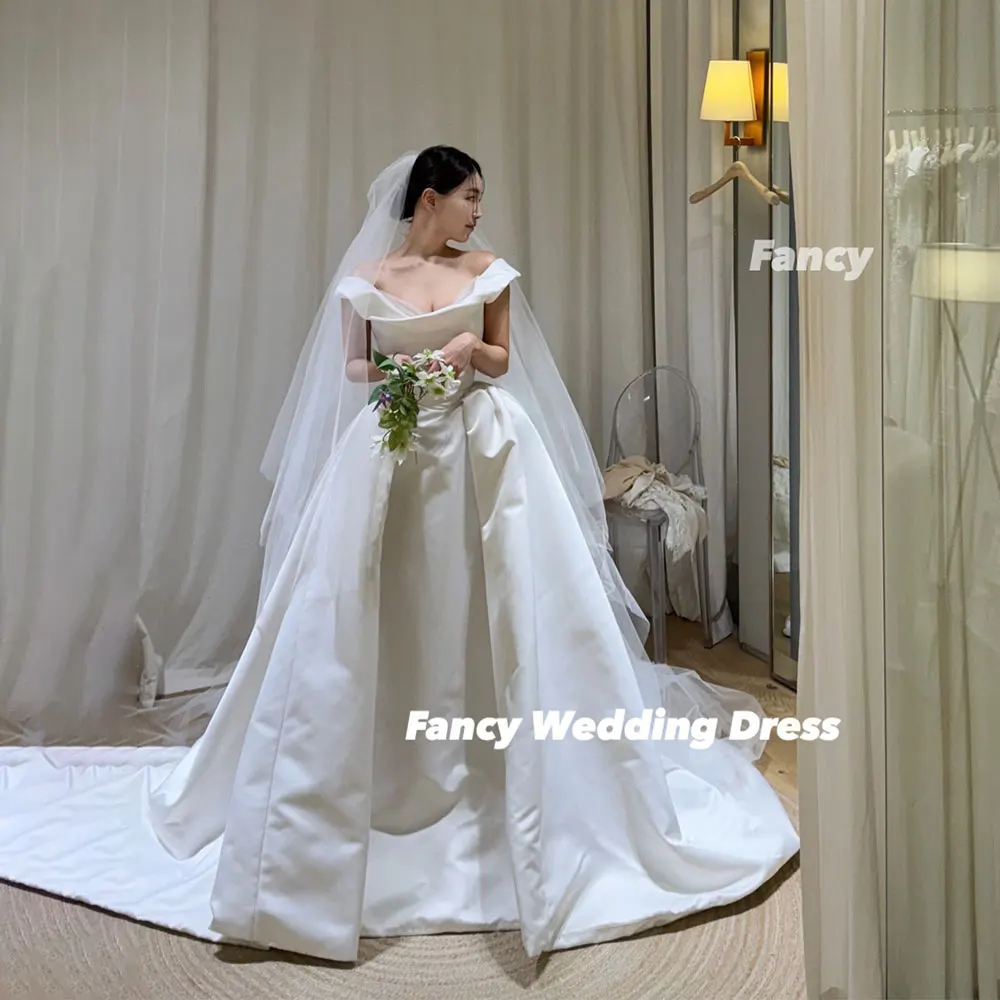 Fancy Elegant Off Shoulder Wedding Dress A Line Soft Satin Bridal Gown Korea Photo Shoot Back Corset Customized
