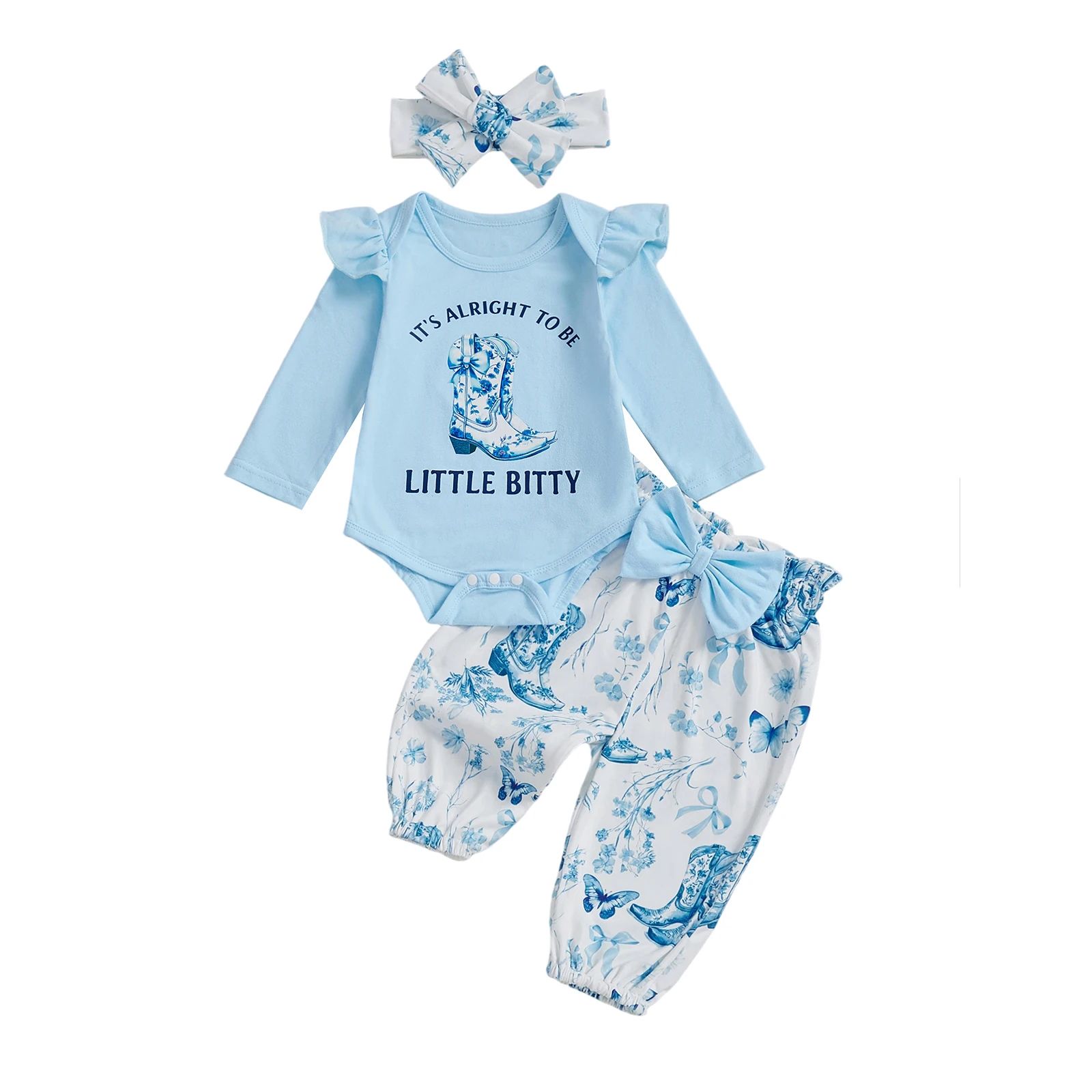 Baby Girl Western Outfits Letter Long Sleeve Round Neck Romper Floral Pants Headband 3 Pcs Set