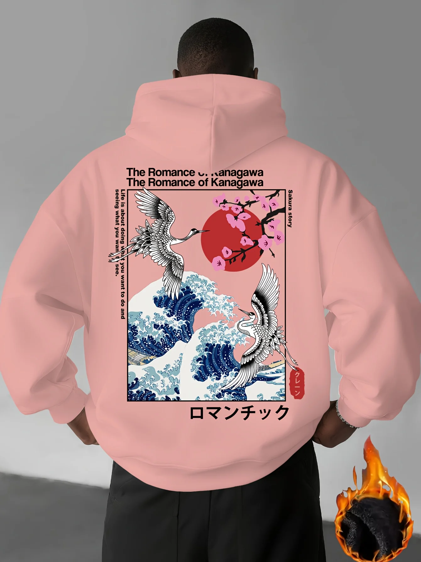 اليابان Ukiyoe ساكورا وموجة كبيرة كاناغاوا طباعة الرجال النساء مقنعين البلوز الخريف الشتاء اللياقة البدنية اليومية ملابس رياضية فضفاضة دافئة غير رسمية #3