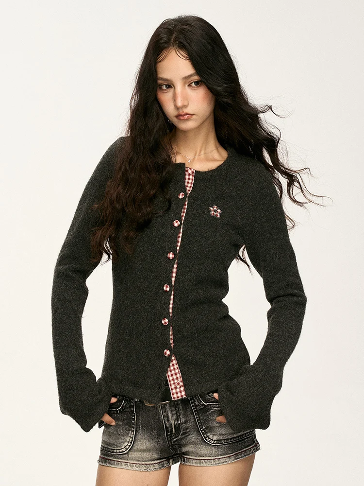 

Aaisup American Retro Plaid Splicing Knitted irt Women's Slim Fit Base irt Design Sensation Hot Girl Autumn New Sle