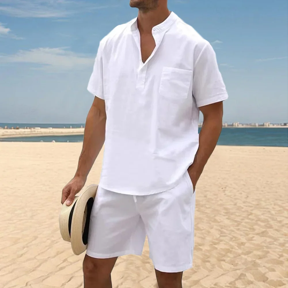 2Pcs Men's Cotton Linen Sets Henley Shirts Shorts Outfits Travelling Beach Vacation Clothing Summer Casual Solid Dailywear