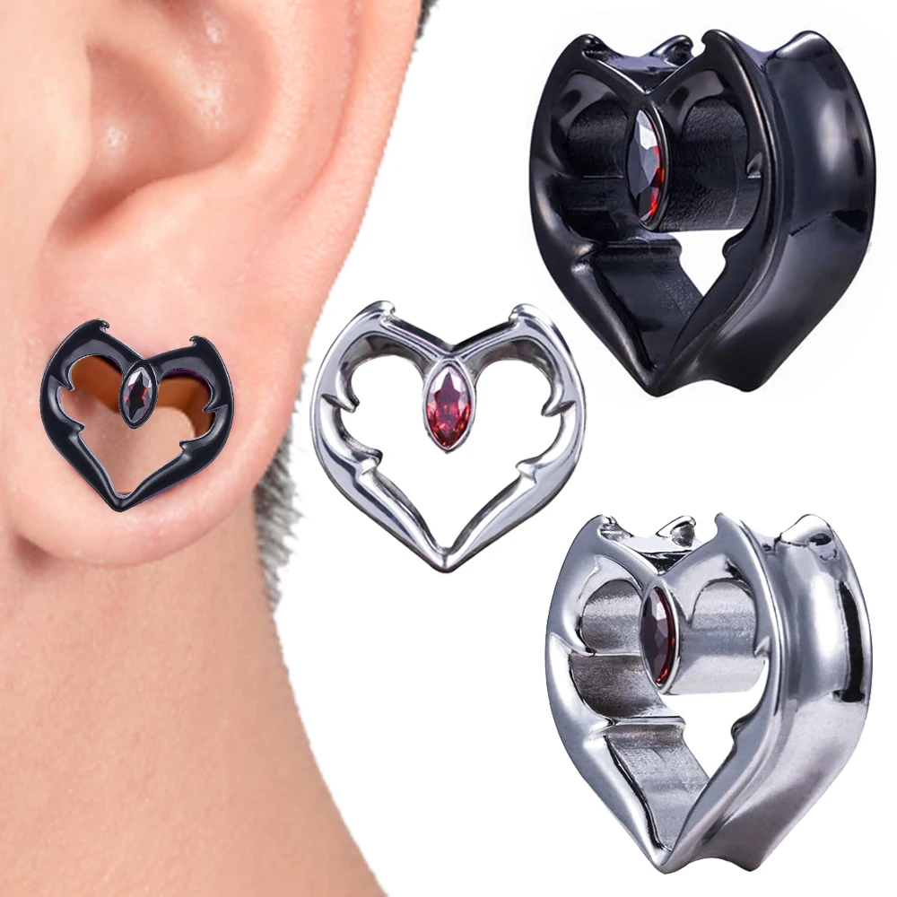 PAIR Stainless Steel Cz Heart Ear Gauges Flesh Tunnels Plugs Punk Heart Evil Stretcher Piercing For Men Women Gauge 8mm-25mm