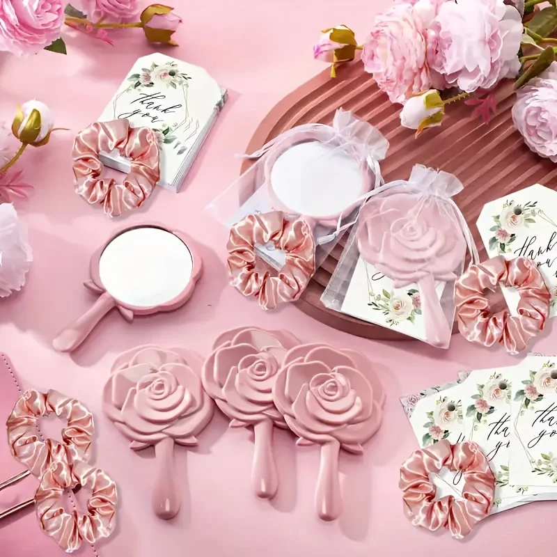 Princess-Theme Wedding Gift Set 20pcs with 5 Rose Makeup Mirrors 5 Gauze Bags 5 Thank-You Cards And 5 Hair Bands for Brides