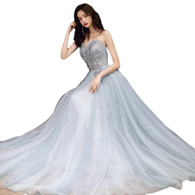 Blau bestickte Pailletten Aufkleber Tull Kleid Bar Mizwa Kleid verträumt wunderschöne Fee Prinzessin Kleid neue formelle Party kleid