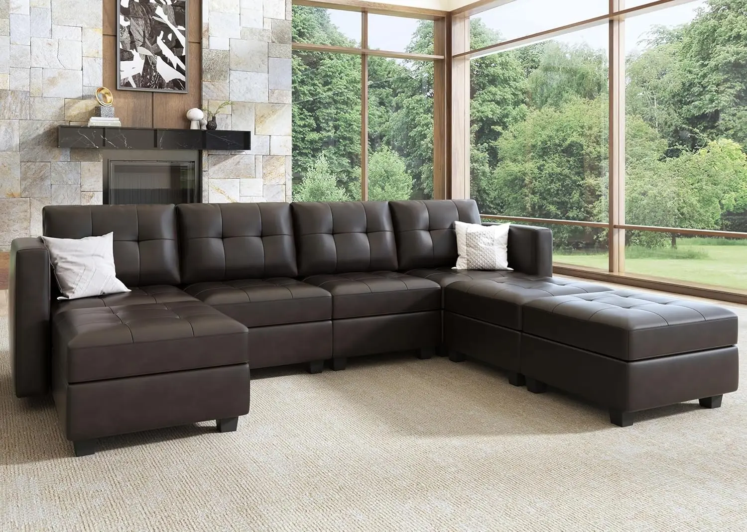 

Oversized Modular Sectional Couch U Shaped Sofa with Storage Seats Faux Leather 7 Seater Sectional Couch for Living Room Brown