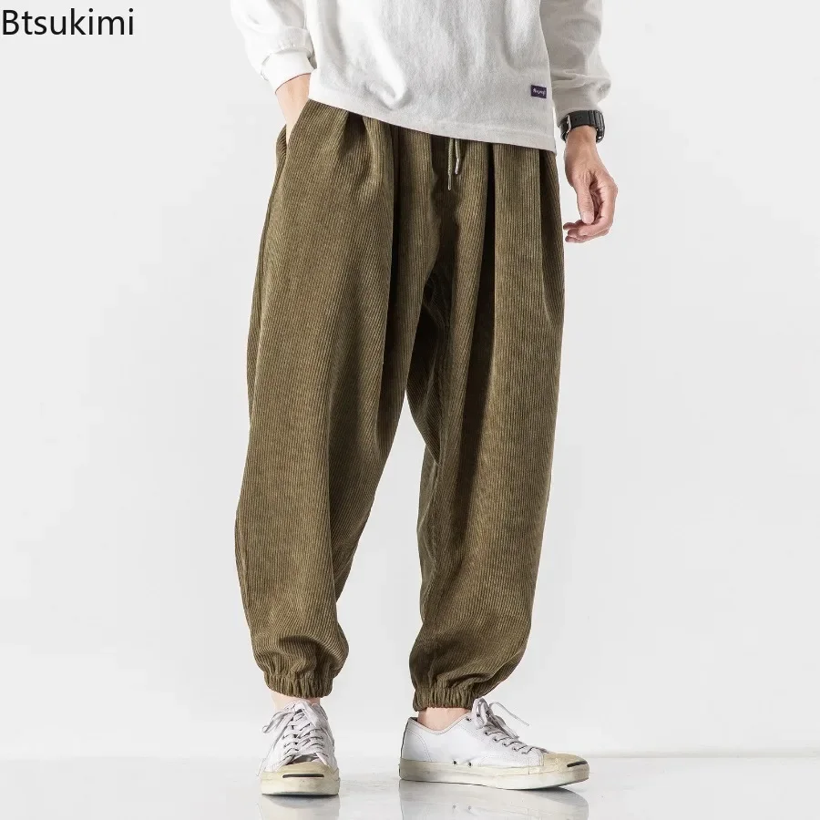 2025 Men's Loose Casual Cargo Pants Oversized Drawstring Pockets Sports Trousers Men Thick Wide Leg Corduroy Pants Joggers Pants