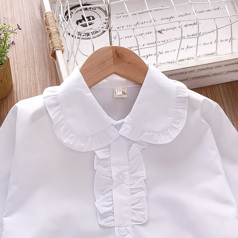 Spring and Autumn New Girls\' Shirt Long Sleeve Turn Over Face Lace Fold Buttons Pure White Long Sleeve Blouse Girl Baby