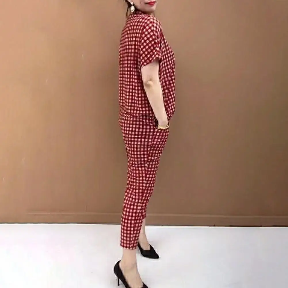 

Comfortable Wear Women Women’s Plaid Two-piece Set Button Front Short Sleeve Top Cropped Skinny Pants Summer Loungewear