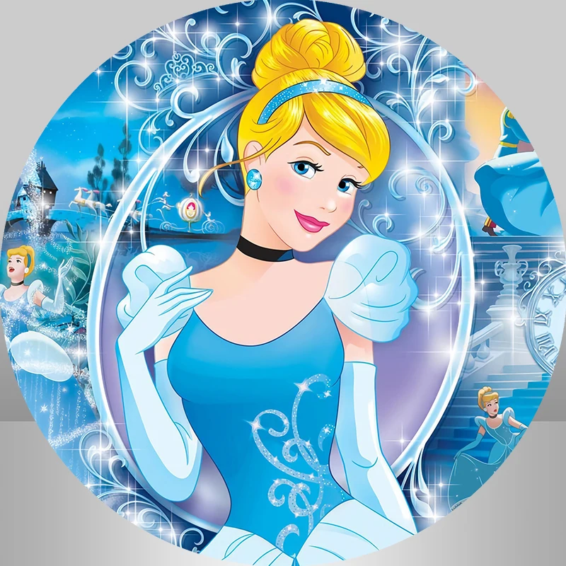 Princess Cinderella Girl Birthday Round Circle Backdrops Cover Blue theme Castle Photo Background Party Decoration Supplies