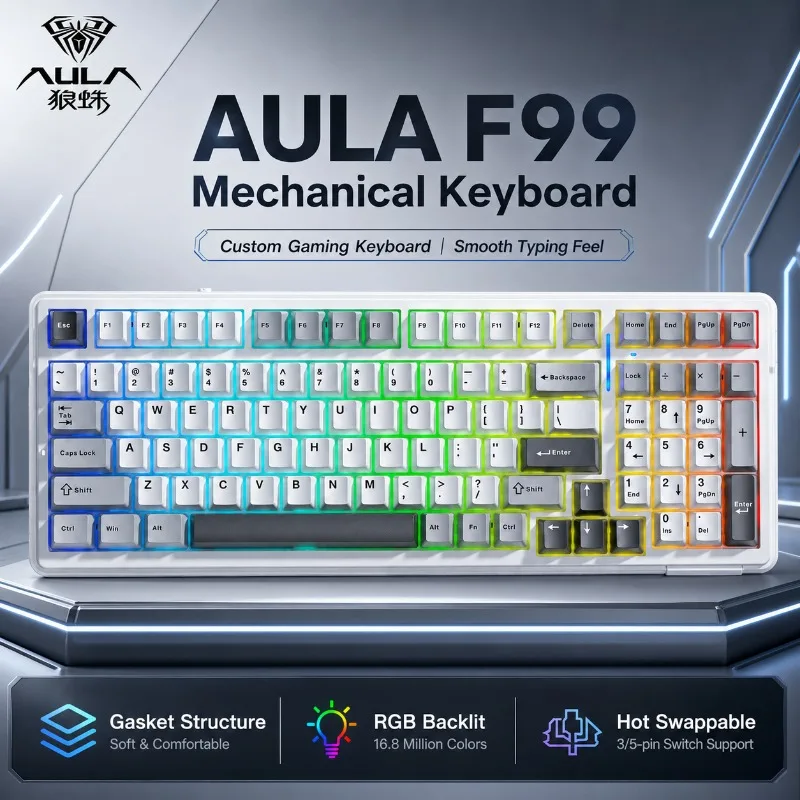 AULA F99 Mechanical Keyboard Tri-Mode 2.4G Wireless Bluetooth Wired Hot Swappable Gasket RGB PBT 99 Keys Gaming Keyboard For PC