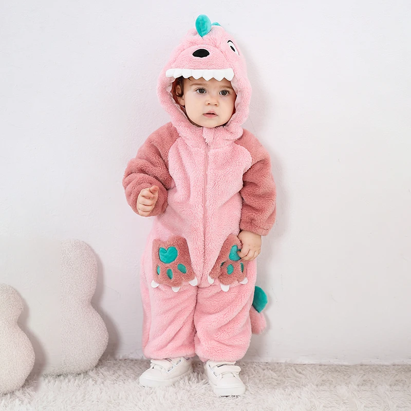 Lovely Dinosaur Newborn Baby Girl Clothes Bodysuit Plush Soft Warm Toddler Jumpsuit Halloween Kid Infant Pajamas Overalls Zipper