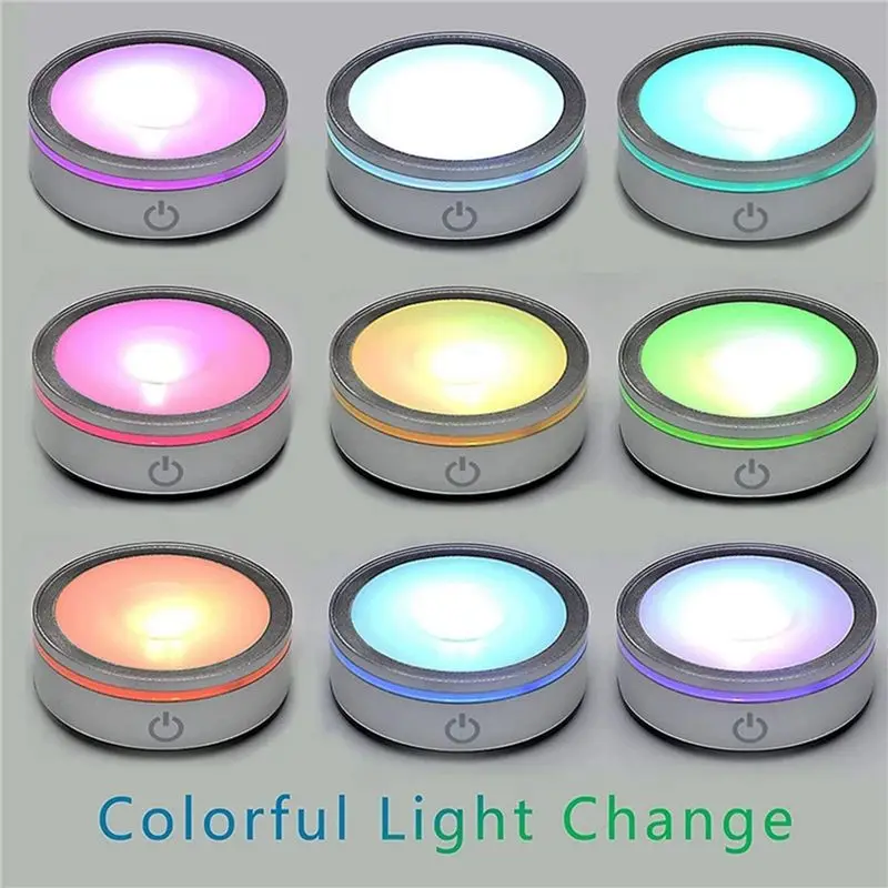 3X LED Light Base With Sensitive Touch Round Colorful Stand Display For 3D Crystal Glass Art Photo Frame Silver Concave