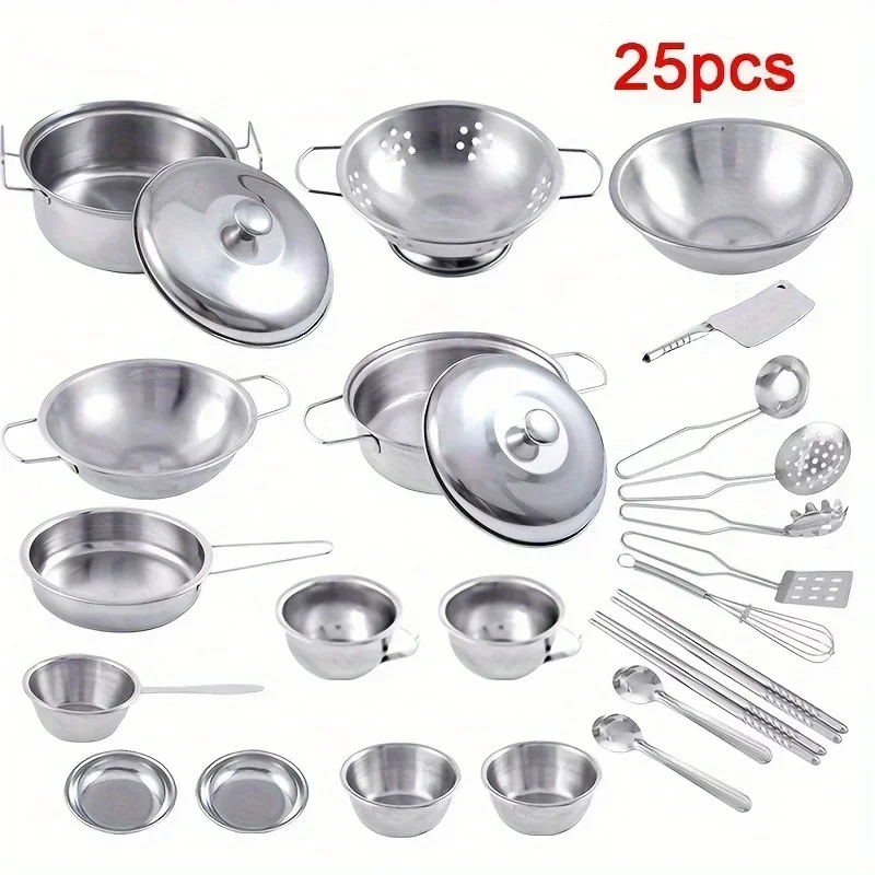 Doe alsof pannenset 25-delig kinderkeuken speelgoed pannenset mini roestvrijstalen spatel pannenset, chef-kok fantasiespel
