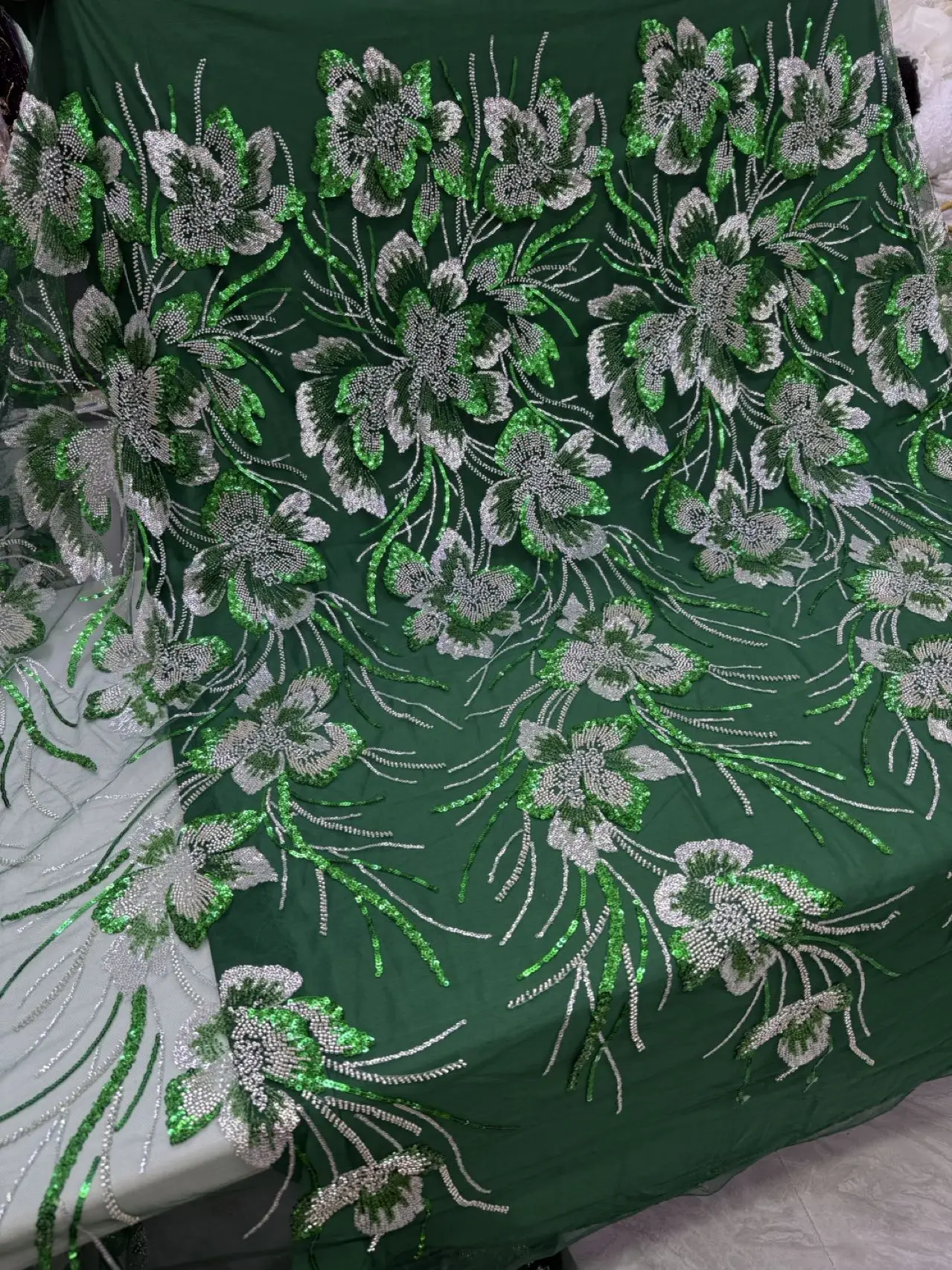 

African Luxury Beaded Tulle Lace Fabric 2025 Nigerian Handmade Heavy Sequins Pearls Lace Fabric Fro Bridal Wedding Dresses