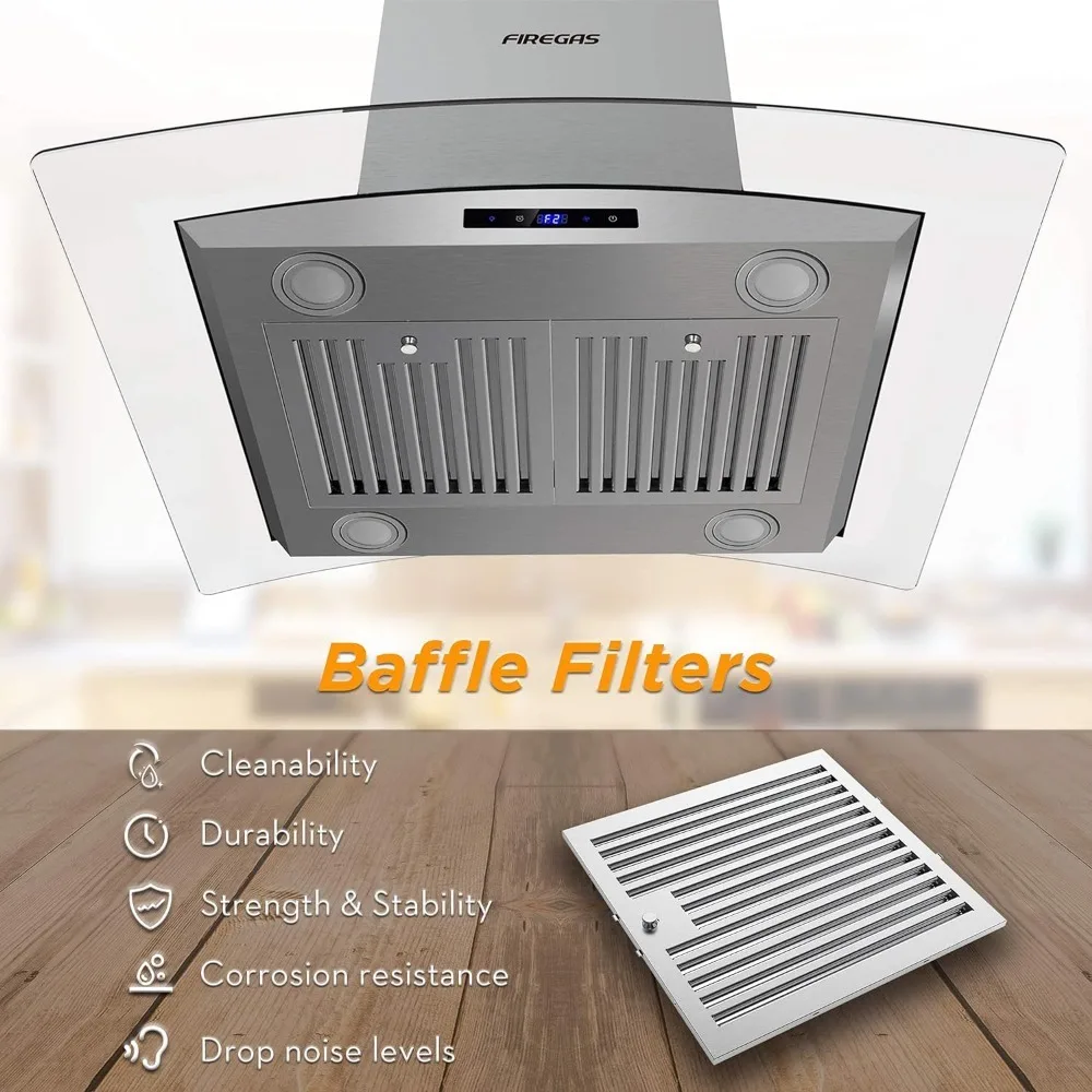 Range Hood 30 inch 450 CFM with Chimney, Ceiling Mount Kitchen Vent Hood with Tempered Glass, 4 LED Lights, Permanent Filters