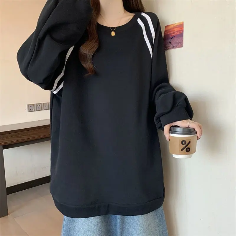 Lazy Style Striped Patchwork Loose Youth Tops Spring Autumn New Women Clothing Long Sleeve Solid Casual T Shirts Fashion Korean