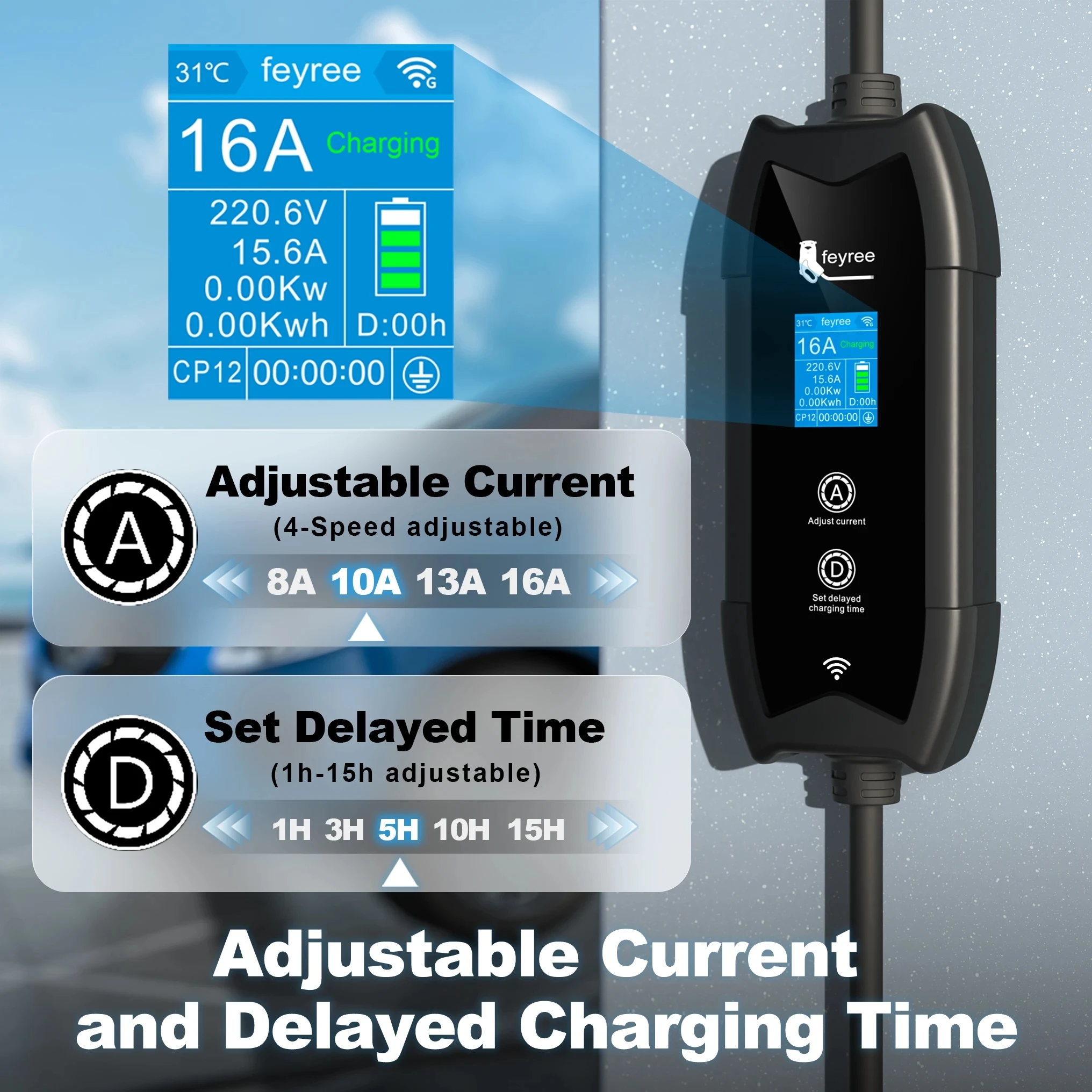 Feyree WIFI APP Control Type2 EV Charger  Type1 Portable Charging Box Set Charging&DelayTime for EV Cars16A 3.5KW GBT 5M Cable