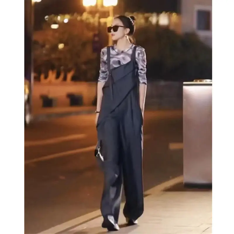 New Fashion Age-reducing Wide-leg Suspenders Women's All-match High-waist Casual Korean Version Slim Straight-leg Pants Ins Tide