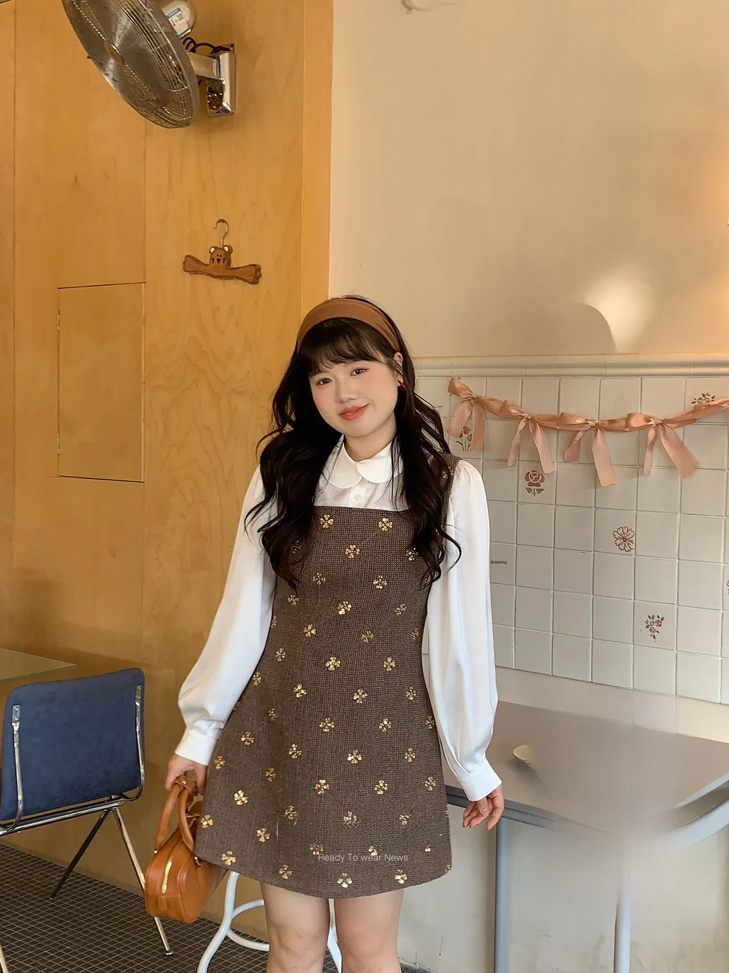 

Mimi Micro plus Size Women's Fashionable White Long Sleeve Doll Collar Shirt Winter College Style Sweet Wind Loose Bubble Sleeve