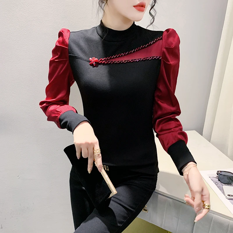 Camicia elegante con perline sottili Abbigliamento da donna Pendolarismo Impiombato Colori contrastanti Autunno Inverno Camicetta a collo mezzo alto Top Nuovo