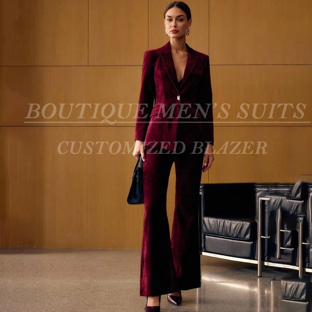 

Formal Evening Women's Suits Luxury One-Button Velvet Peak Lapel 2 Piece Jacket Pants Elegant Skinny Female Clothing Outfits