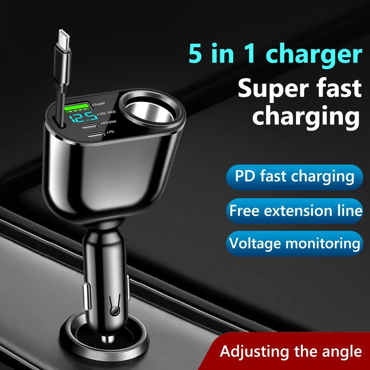 

66W Universal Super Fast Charge Power Adapter Car Cigarette Lighter PD+QC3.0 Car Charger with Type C fast Charging Cable