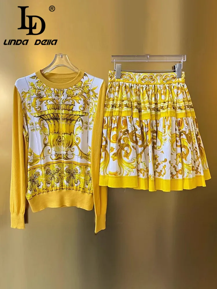 LD LINDA DELLA Summer Women\'s Vintage Suit Long sleeved Tops+Casual Skirt Wool Knitted Fabric Baroque printed Two Piece Set