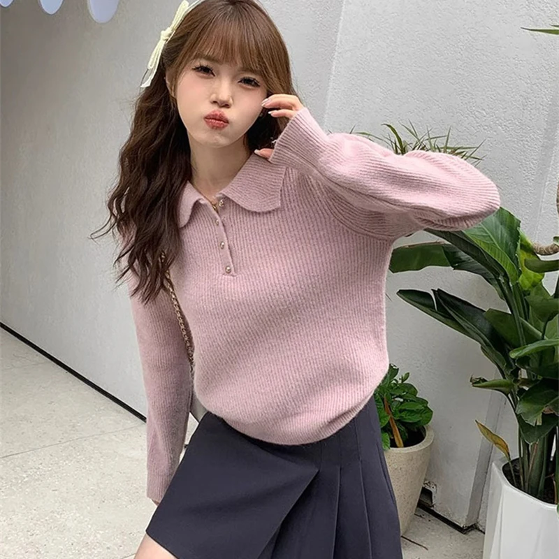 2026 Chic Turn Down Collar Knitted Sweaters Women Button Up Solid Color Sweater Pullovers Woman Korean Long Sleeve Jumpers Mujer