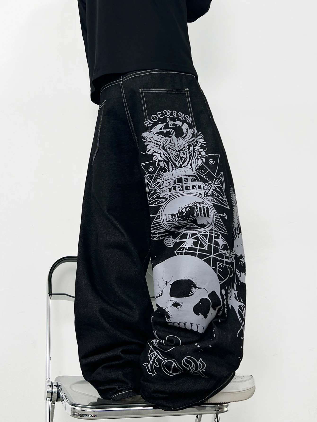 High Street Vintage Skull Letter Print Black Baggy Jeans Men Y2K Street Hip-Hop Fashion Versatile Wide-Leg Pants Halloween