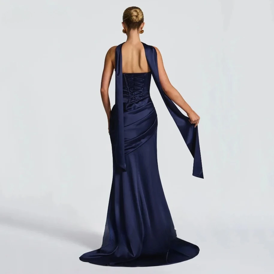 Eighttre blu navy senza spalline sirena abiti da ballo formali senza schienale con sciarpa abito da sera lunghezza pavimento abito da festa personalizzato