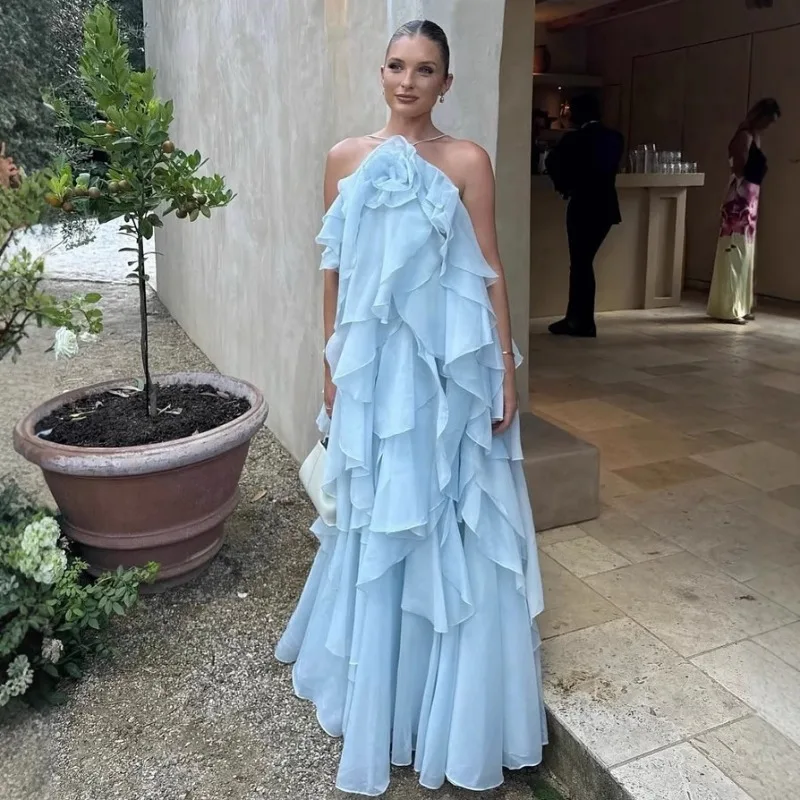 Orange Stacked Ruffles Backless Long Dress Women Halter Flounce Flower Luxurious Party Dresses Evening Vacation Long Lady Robe