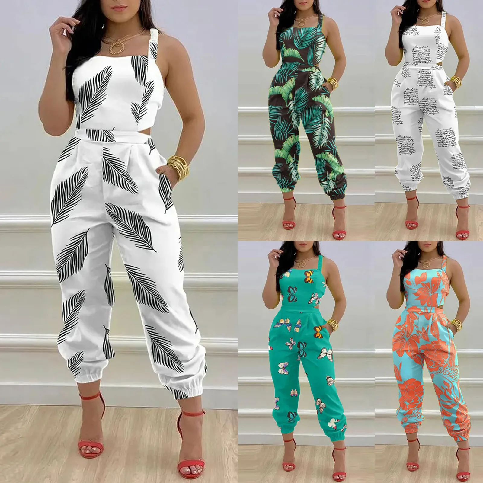 

Printed Design Jumpsuit Stylish Sleeveless Women's Jumpsuit with Color Matching Print Cross Back Design High Waist for Parties