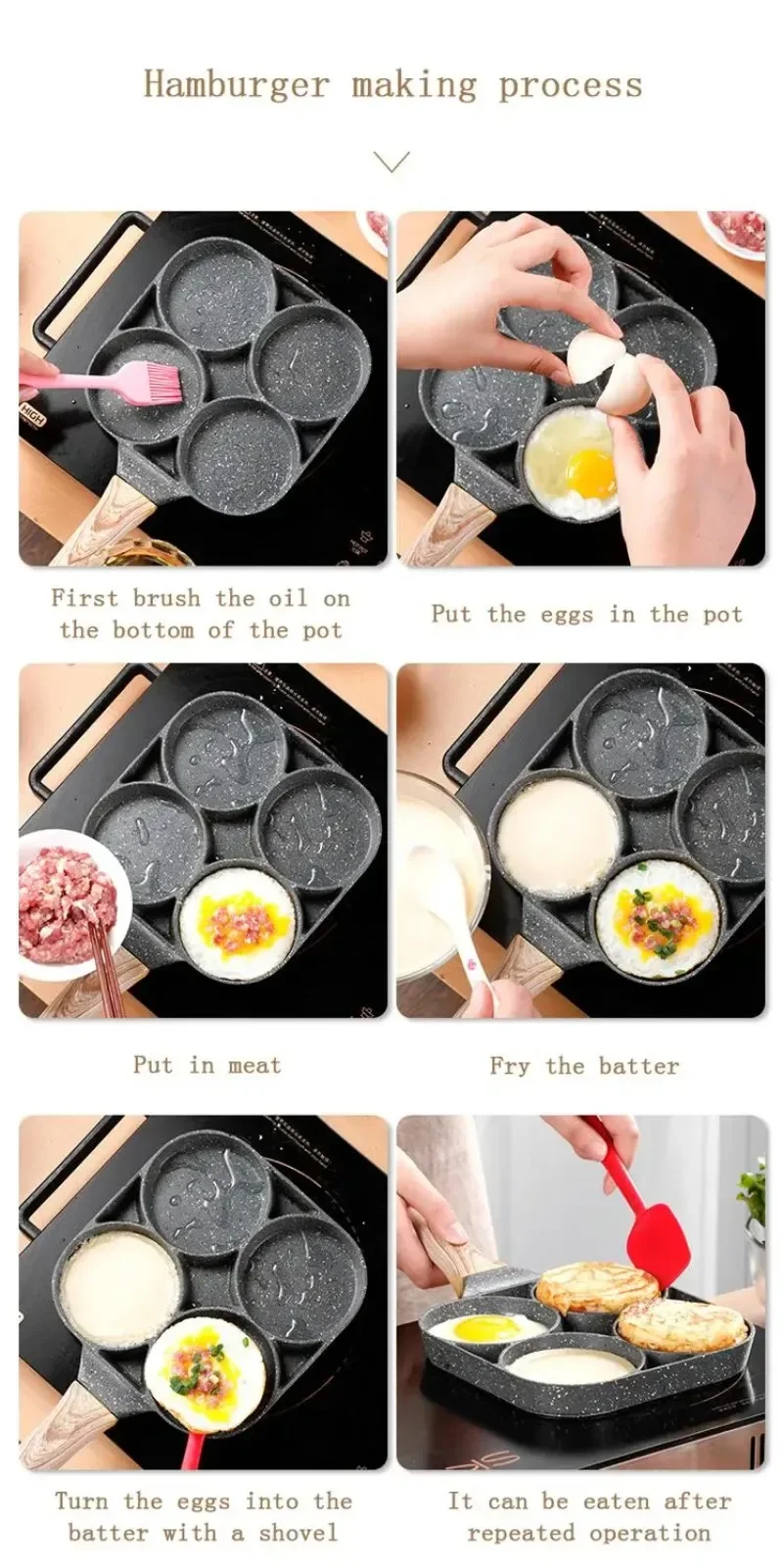 4 Holes Omelet Pan Non-stick Frying Pot Breakfast Hamburg Bread Maker Thicken Cooking Pan for Egg Pancake Steak Kitchen Cookware