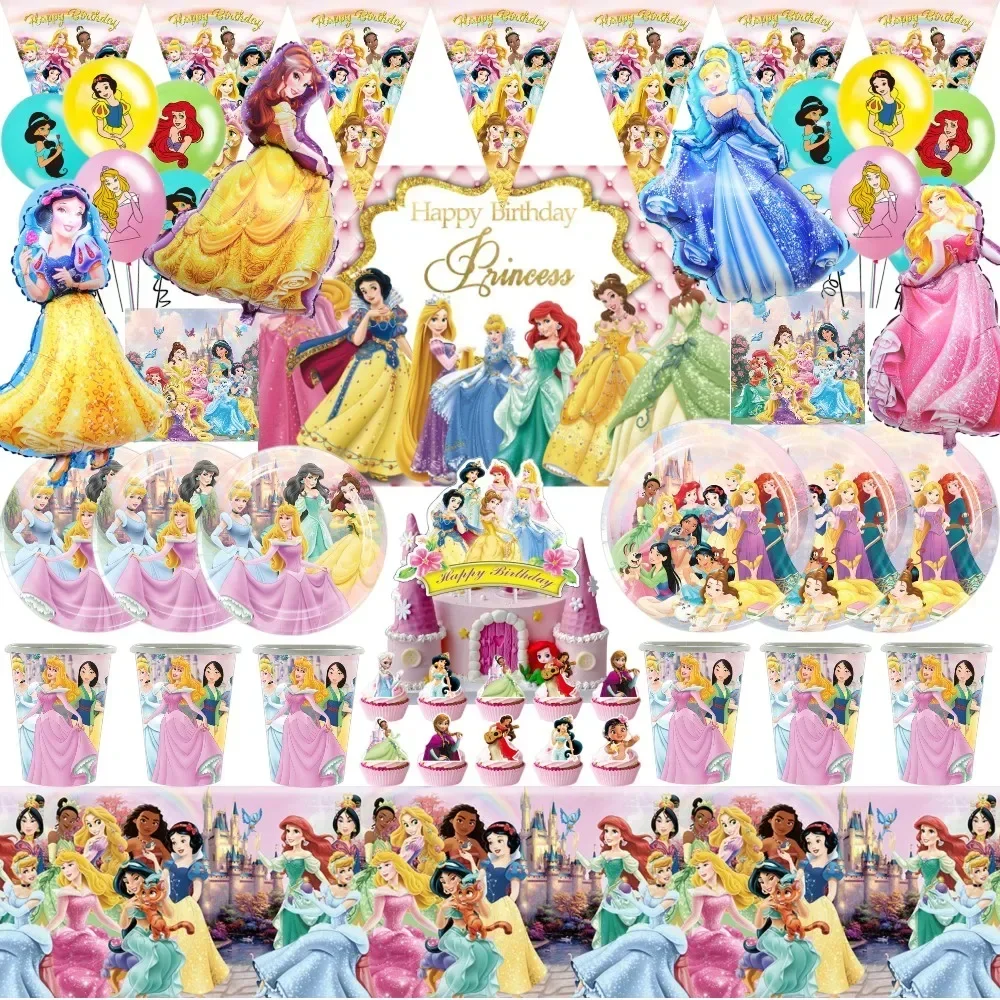 

MINISO Princess Kids Girls Party Decoration Balloons Disposable Tableware Set Cartoon Snow White Mermaid Birthday Party Supplies