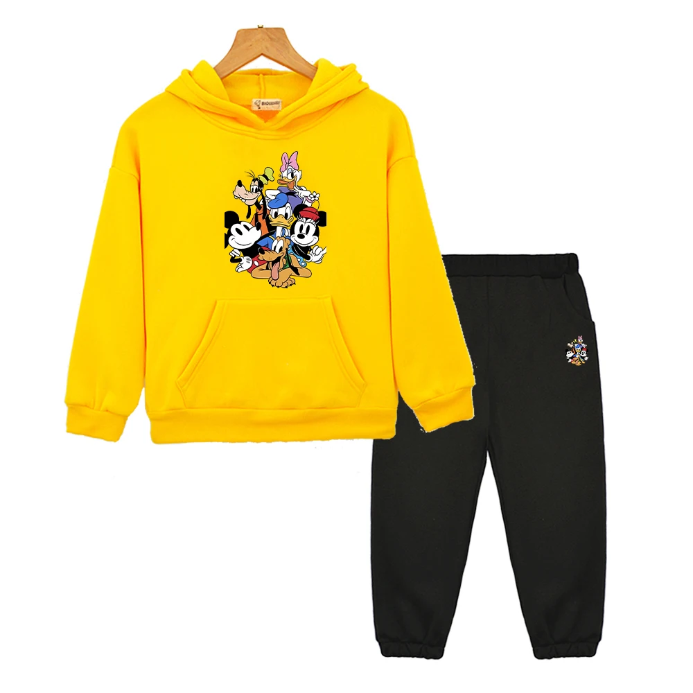 

Mickey Mouse Autumn print hoodie Fleece Sweatshirt boys girls Hooded Spors Sets Disney 2PCS pullover+Pant kids boutique clothes