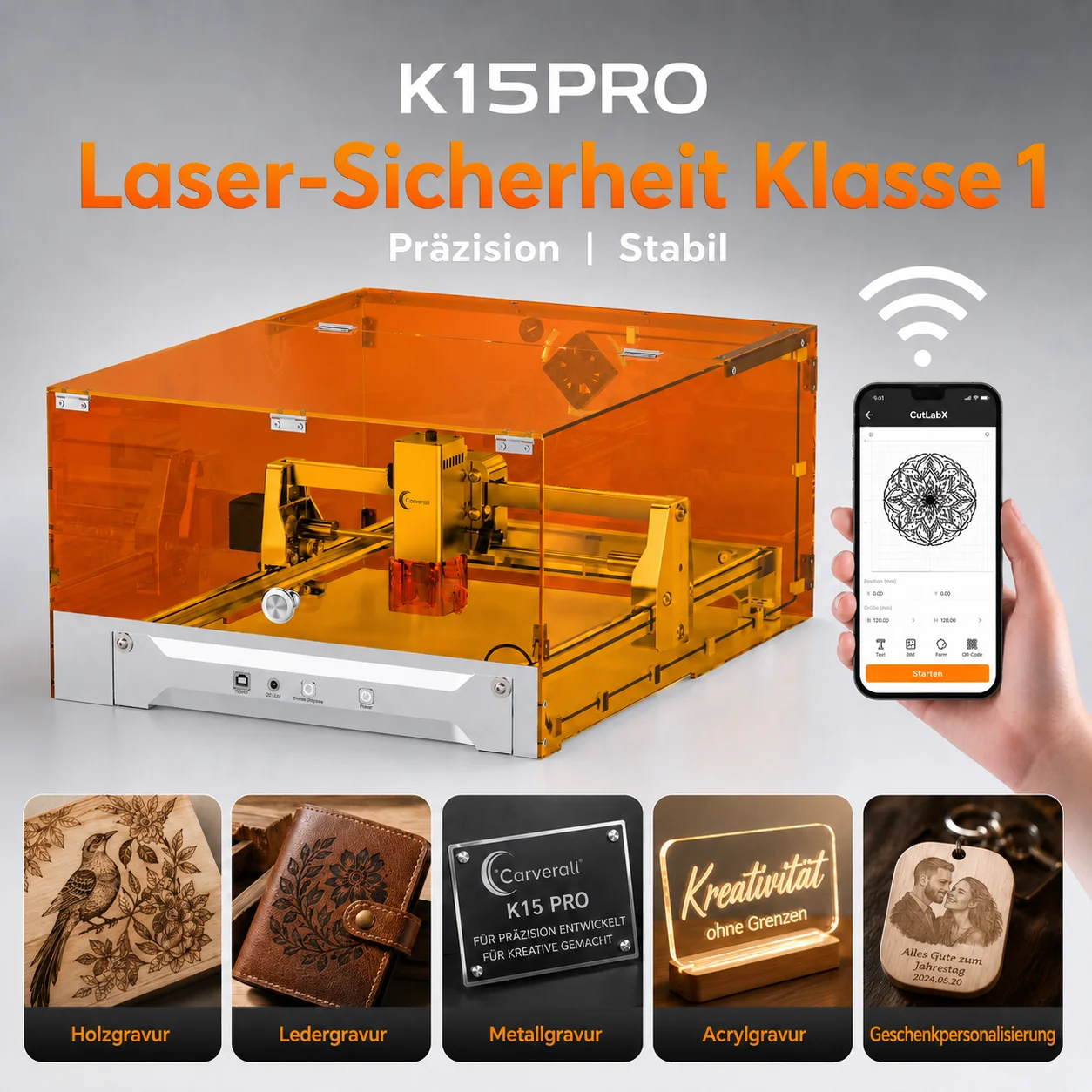 Carverall K15PRO Desktop Lasergravierer Klasse 1 mit Gehäuse, A4 200x300mm, 0,01mm Präzision, 15000mm/min, Holz Acryl Leder Papier Sperrholz Beschichtetes Metall, CutLabX LightBurn LaserGRBL, WiFi USB