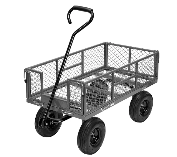 Four Rubber Wheels Outdoor Firewood Utility Tool Trolley Removable Sides Heavy-Duty Steel Mesh Garden Cart