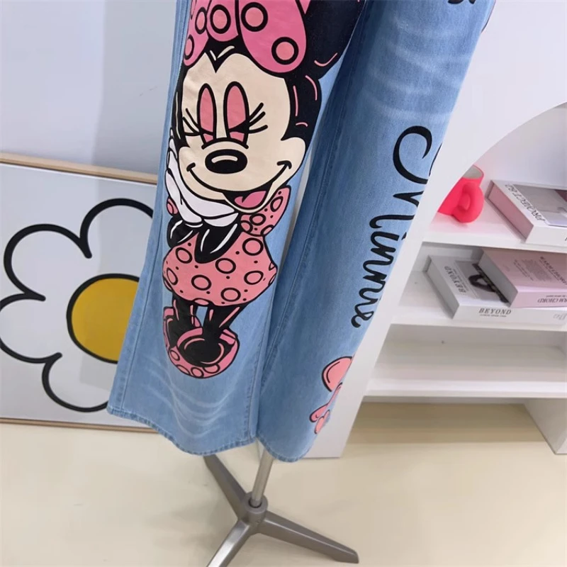 2024 Summer New Thin Loose Elastic Back Waist Sweet Cute Cartoon Printed Wide Leg Jeans Dla kobiet Kawaii Baggy Denim Trousers