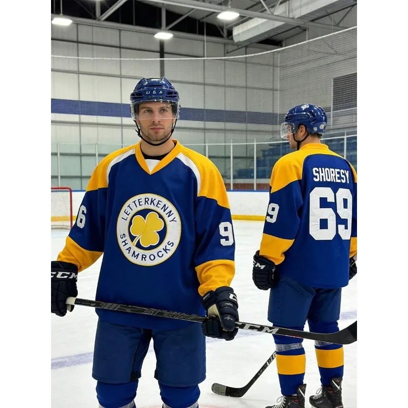 TV Series Inspired Shamrocks 3D Print Hockey Jersey Unisex Shoresy 69 Blue Gold V‑Neck Long Sleeve Letterkenny Fan Sport Top