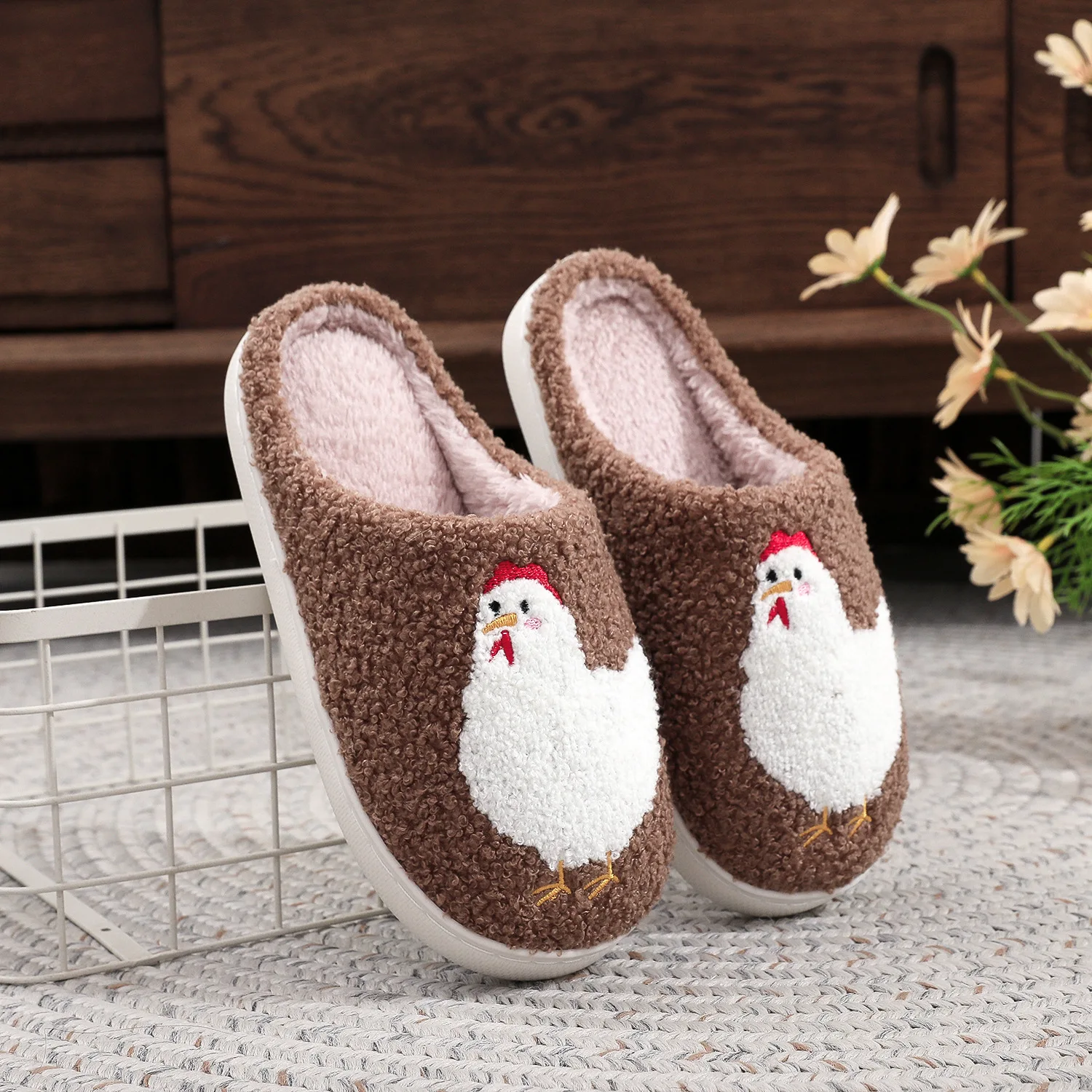 2026 Damen Herren Cartoon Niedliche Küken-Druck Baumwoll-Hausschuhe Fleece-Oberfläche für Zuhause Herbst Winter Leichte Weiche Innenraum-Schuhe – Detail 4