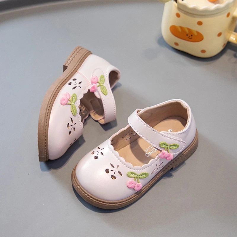 Toddler Girls Cut-outs Leather Sandals with Cute Cherry 2026 New Summer Kids Mary Jane Flats Soft Sole Simple Princess Party