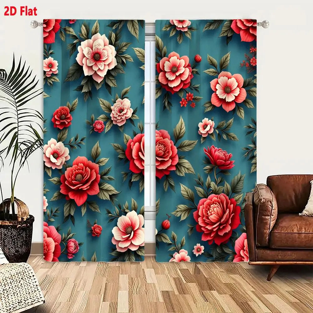 2Pcs Curtains 2D Flat Vibrant Floral Pattern On Deep Teal Background With Red Pink And Coral Roses Peonies Cream Blossoms Green