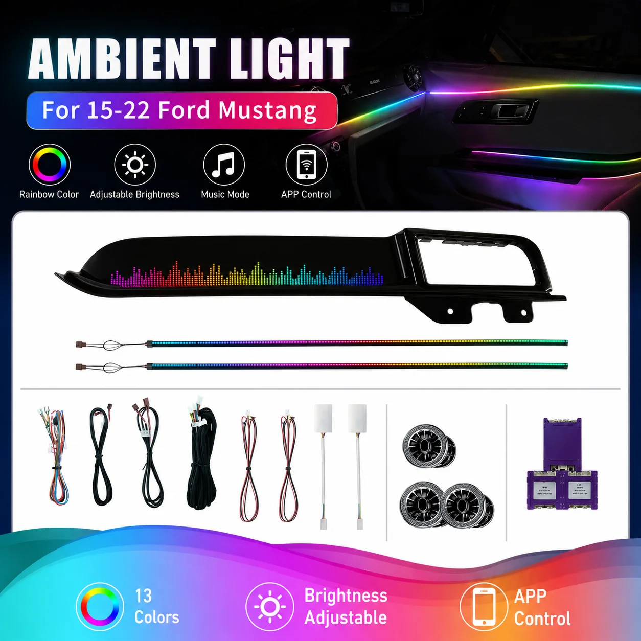 Flowing RGB Ambient Light For Ford Mustang 2015-2022 13 LEDs App Control Passenger Trim Kit Interior Neon Decorative LED Strip