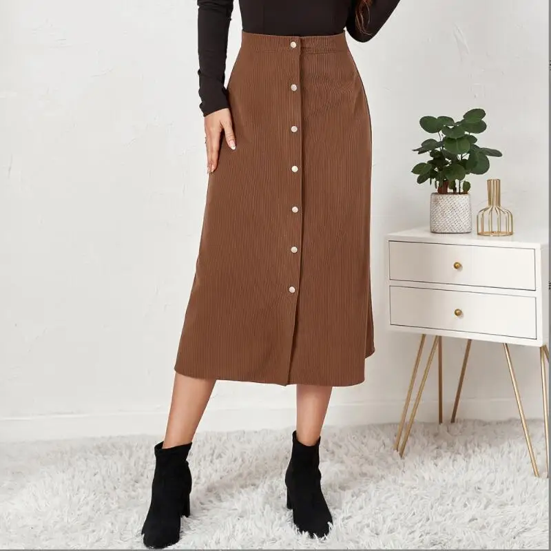 

Women's Basic Corduroy Skirts Ribbed Versatile Stretchy Autumn Winter Casual Single breasting High Waisted Ladies Skirt p618